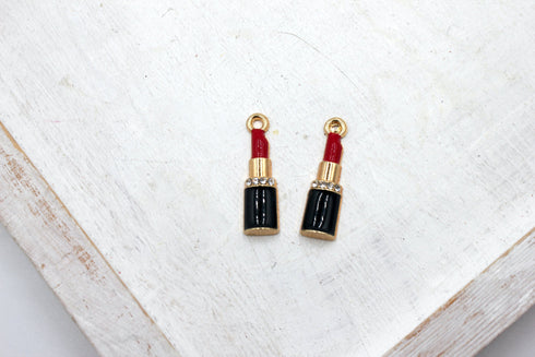 makeup charms, lipstick charms, gold plated black & red enamel clear rhinestone, mixed metal, 26mm x 7mm, hole 1.5mm, sold as 2 pieces.